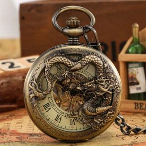 Bronze Hollow Dragon Half Hunter Mechanical Pocket Watch