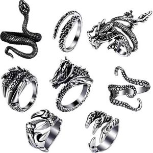 8 Pieces/Set Vintage Animal Open Rings – Dragon, Snake, Octopus & Eagle Claw Punk Accessories for Men