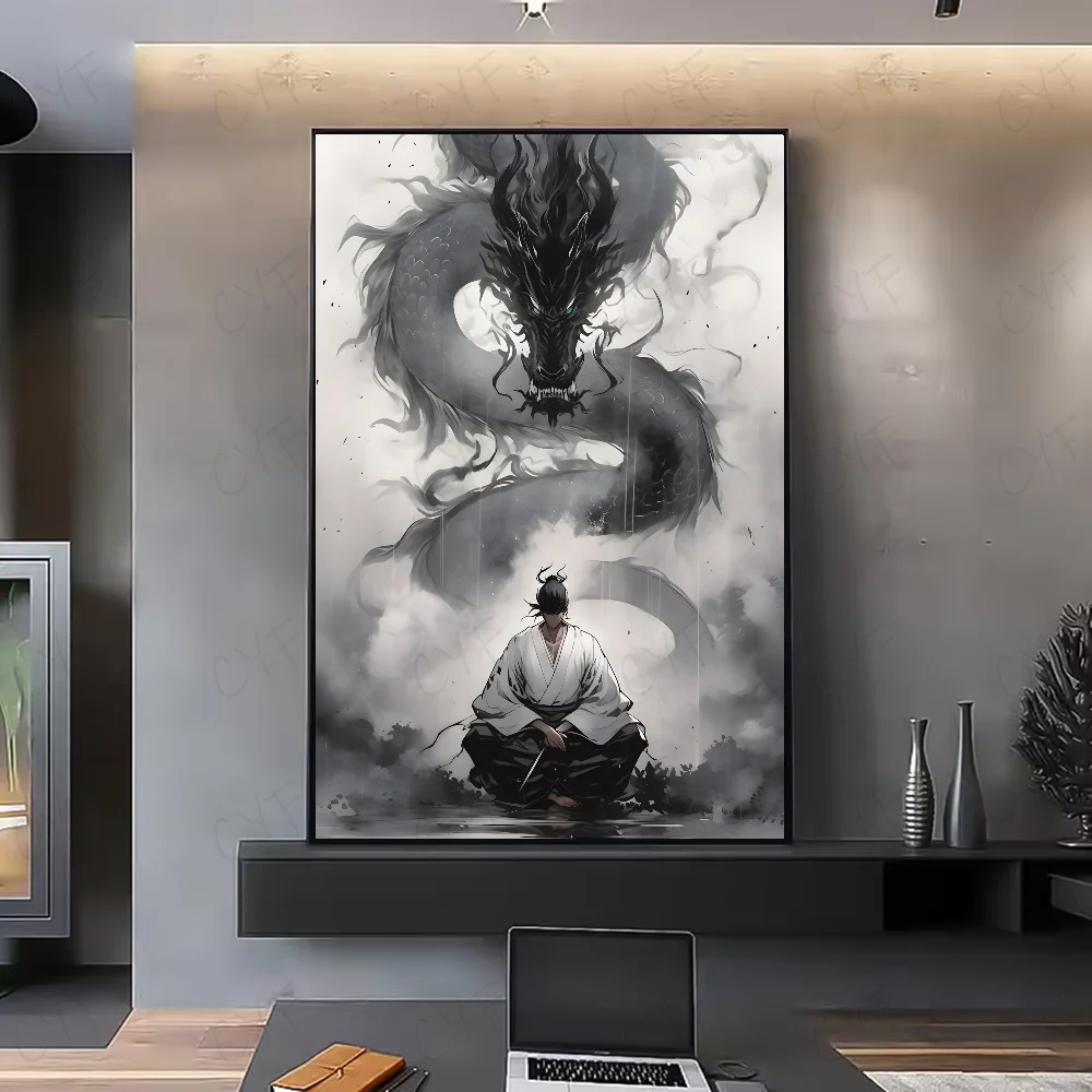 Asian Ink Style Dragon & Shadow Waves Art Poster – HD Waterproof Wall Sticker for Home & Bar Aesthetic Decoration - Image 6
