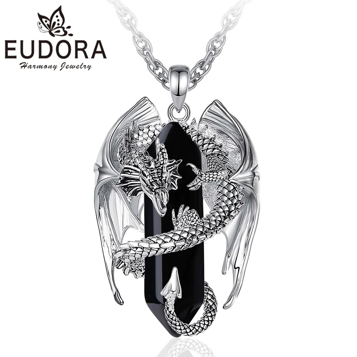 Eudora Dragon Twining Hexagonal Obsidian Necklace