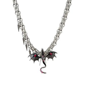 Dragon Choker Necklace for Women – Black & Purple Leather Gothic Punk Pendant with Stainless Steel & Zirconia