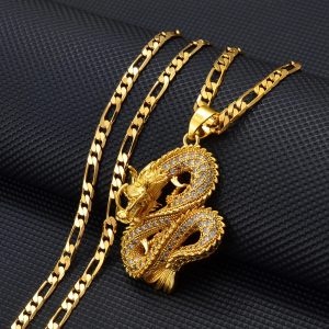 Anniyo Dragon Pendant Necklace – Gold Color Jewelry with Cubic Zirconia for Women & Men