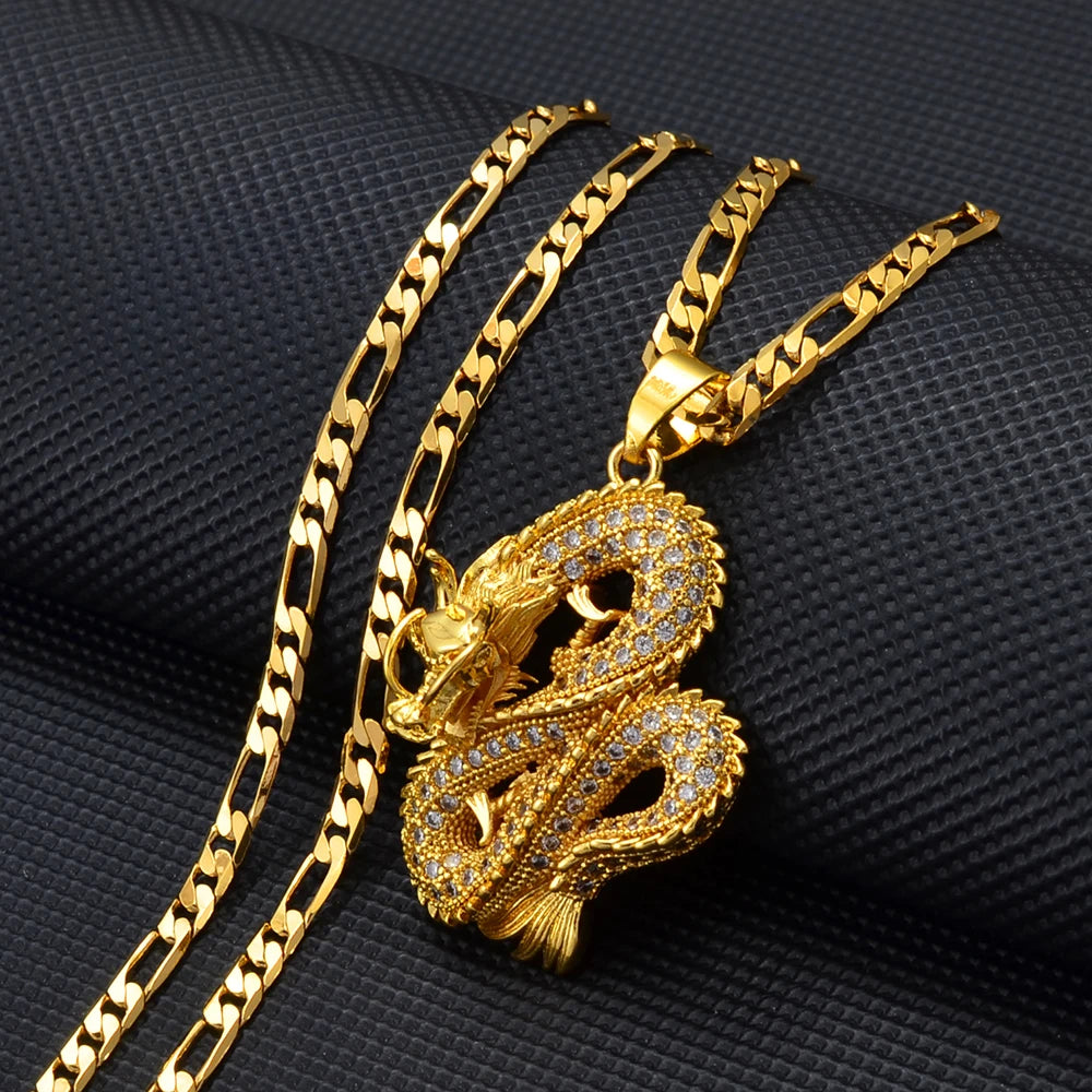 Anniyo Dragon Pendant Necklace – Gold Color Jewelry with Cubic Zirconia for Women & Men
